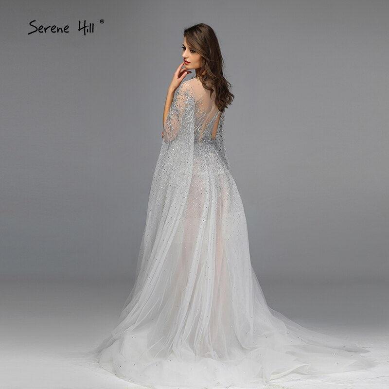 Sliver Arabic Luxury Beading Cape Sleeves  A-Line Evening Dresses O-Neck A-Line Sexy Evening Gowns cerene Hill LA60869