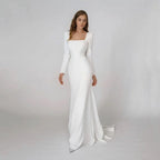 Elegant Satin Mermaid Wedding Dress Square Neck Long Sleeves Backless Party Bridal Dress Bride Dress Vestido De Noiva