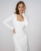 Elegant Satin Mermaid Wedding Dress Square Neck Long Sleeves Backless Party Bridal Dress Bride Dress Vestido De Noiva