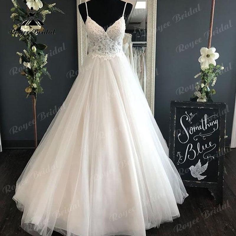 Spaghetti Straps Wedding Dress with Detachable Bow V Neck Lace Bodice  Backless Bestidos de Novia Elegant Bridal Boho Bridal