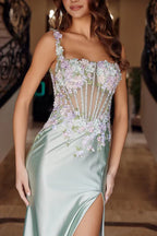 Spaghetti Strap Sweetheart 3D Floral Appliqué Lace Up Back High Slit  Satin Mermaid Chapel Train Prom Dresses