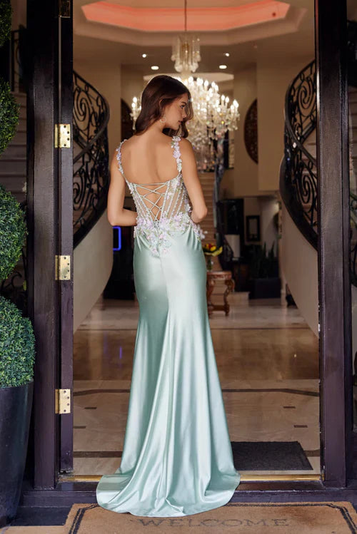 Spaghetti Strap Sweetheart 3D Floral Appliqué Lace Up Back High Slit  Satin Mermaid Chapel Train Prom Dresses