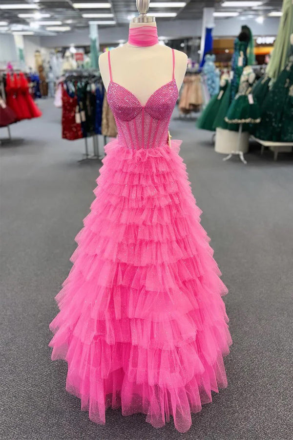 Spaghetti Strap Tiered Beaded Hot Pink Long Prom Dress