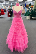 Spaghetti Strap Tiered Beaded Hot Pink Long Prom Dress