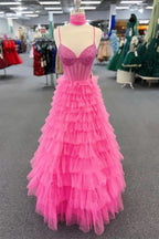 Spaghetti Strap Tiered Beaded Hot Pink Long Prom Dress