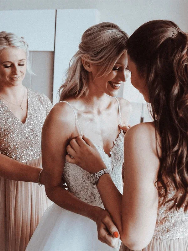 Spaghetti Straps Beaded Appliqued A-line Tulle Wedding Dresses