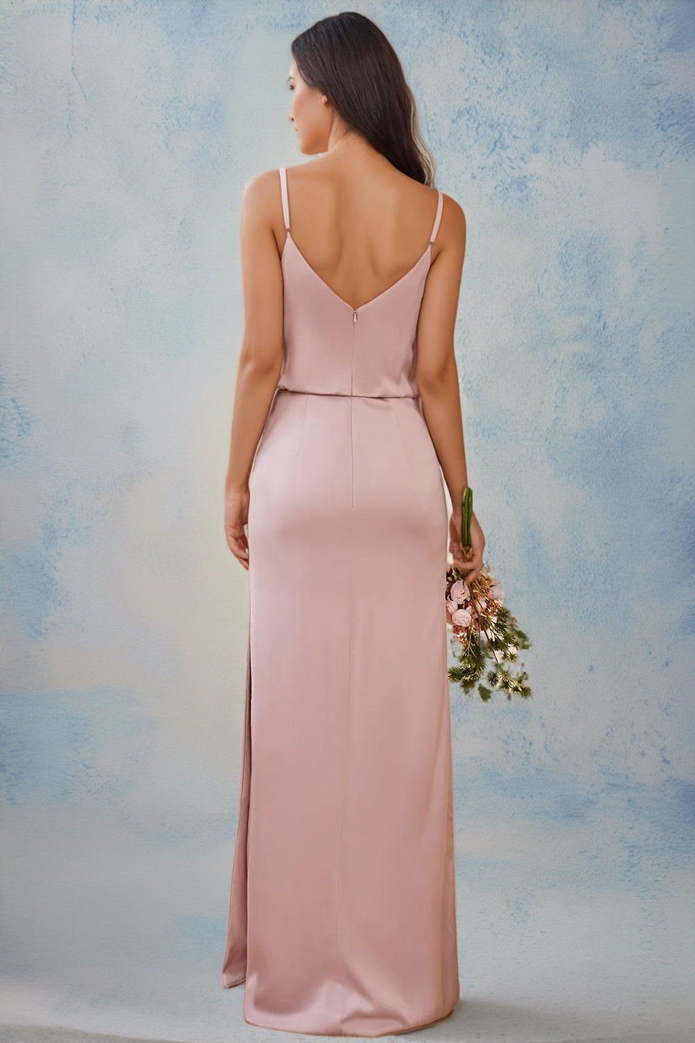 Spaghetti Straps Pink Long Bridesmaid Dress With Split