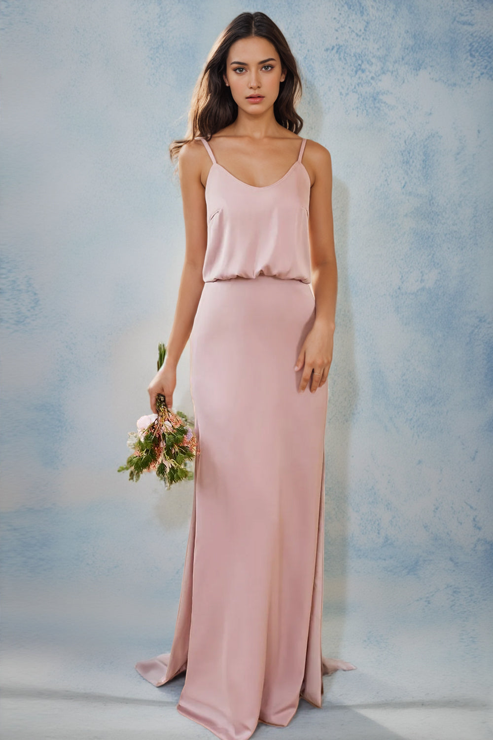 Spaghetti Straps Pink Long Bridesmaid Dress With Split