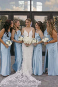 Spaghetti Straps Satin Pleats Simple Blue Long Bridesmaid Dress