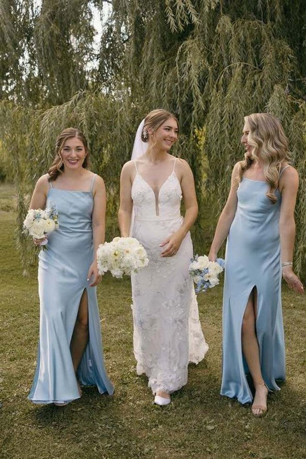 Spaghetti Straps Satin Pleats Simple Blue Long Bridesmaid Dress