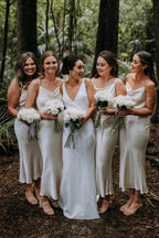 Spaghetti Straps Sheath Cowl Neck Tea Length Bridesmaid Dress