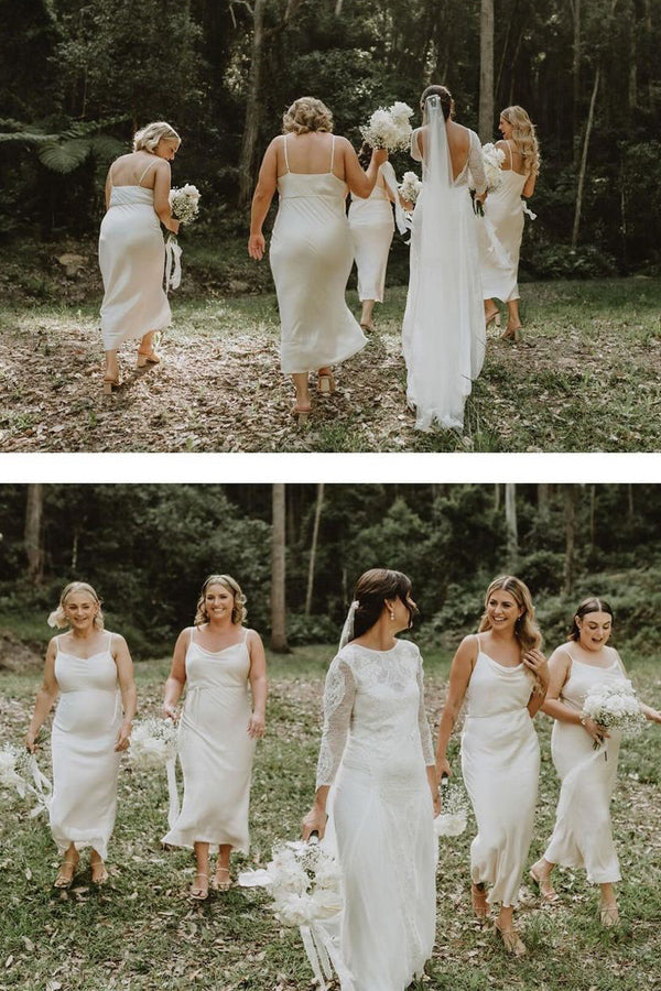Spaghetti Straps Sheath Cowl Neck Tea Length Bridesmaid Dress