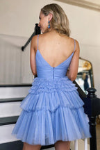 Spaghetti Straps V-Neck A-Line Tulle Mini Homecoming Dress
