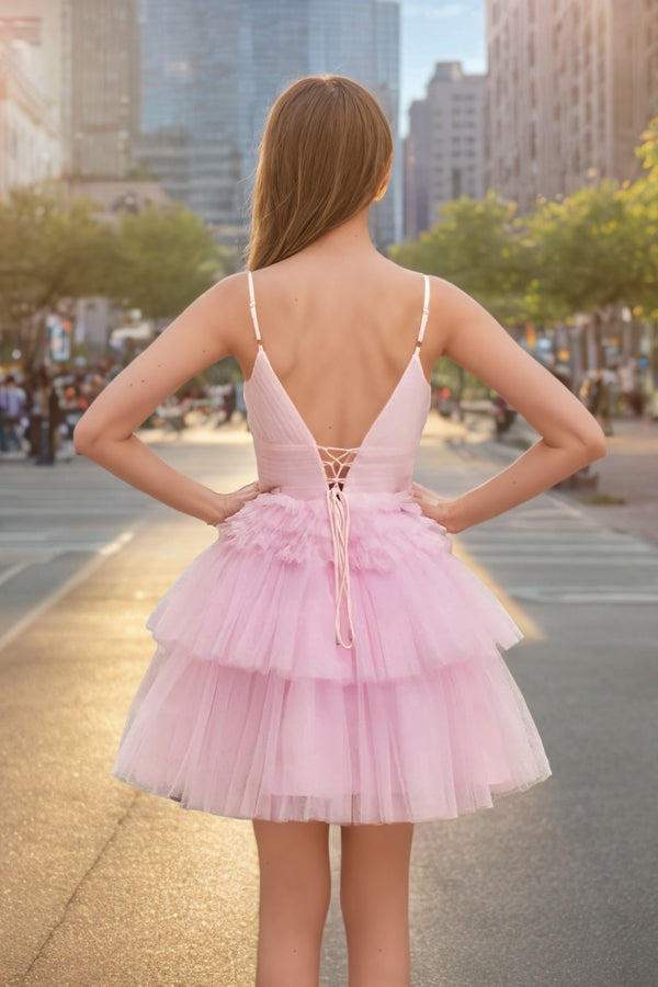 Spaghetti Straps V-Neck A-Line Tulle Mini Homecoming Dress