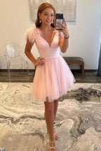 Sparkly A-Line V Neck Homecoming Dress with Feathers