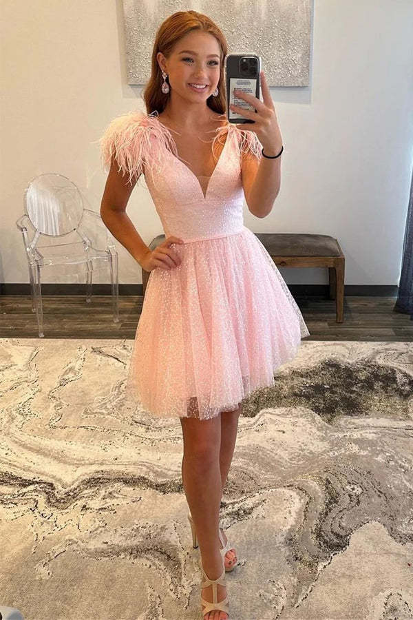 Sparkly A-Line V Neck Homecoming Dress with Feathers