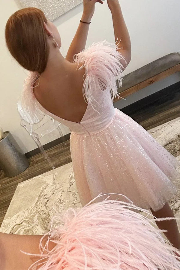 Sparkly A-Line V Neck Homecoming Dress with Feathers
