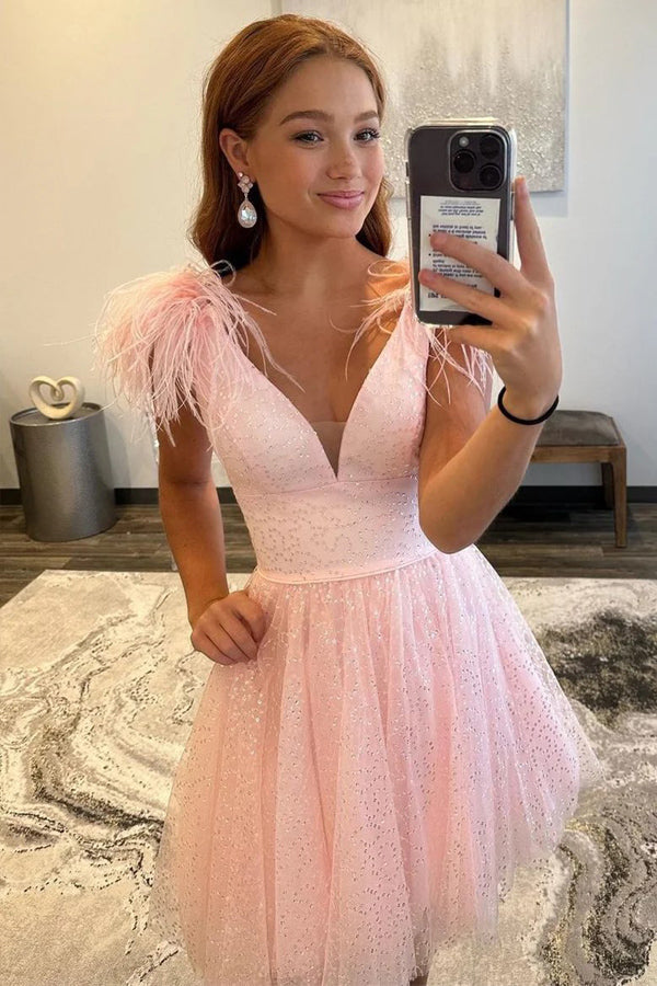 Sparkly A-Line V Neck Homecoming Dress with Feathers