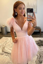 Sparkly A-Line V Neck Homecoming Dress with Feathers