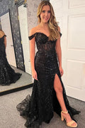 Sparkly Tulle Mermaid Off Shoulder Long Prom Dresses With Slit