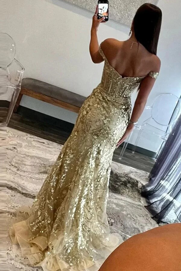 Sparkly Tulle Mermaid Off Shoulder Long Prom Dresses With Slit