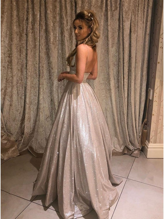Sparkly Lavender A-line V-neck Spaghetti Straps Prom Dresses Evening Dress
