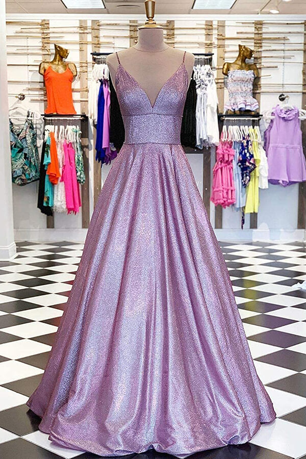 Sparkly Lavender A-line V-neck Spaghetti Straps Prom Dresses Evening Dress