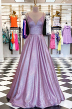Sparkly Lavender A-line V-neck Spaghetti Straps Prom Dresses Evening Dress