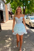Sparkly Off the Shoulder Corset Ruffle Homecoming Dress