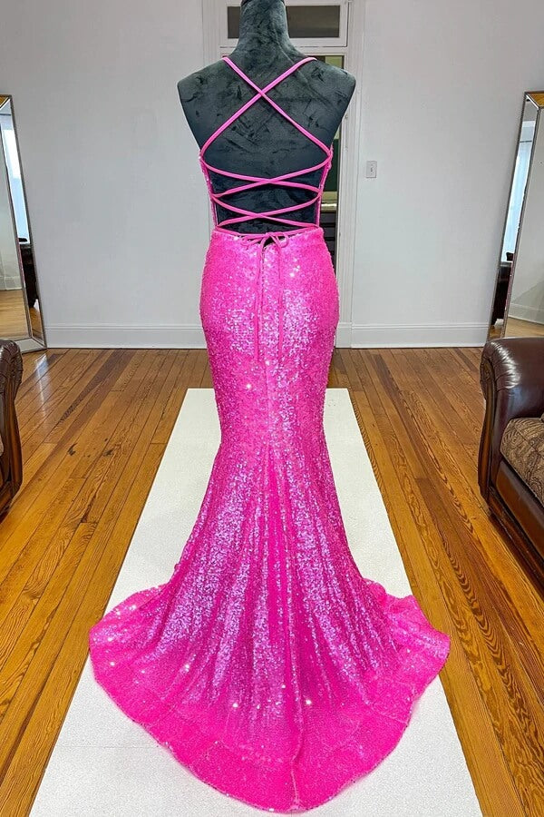 Sparkly Sequins Mermaid V-neck Prom Dresses, Long Formal Dress