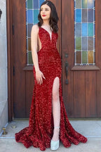 Sparkly Sequins Mermaid V-neck Long Prom Dresses With High Slit