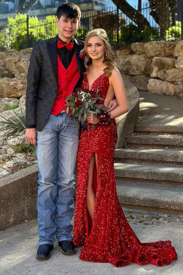 Sparkly Sequins Mermaid V-neck Long Prom Dresses With High Slit