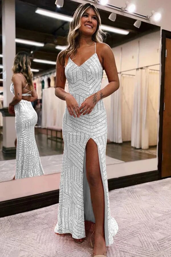 Sparkly Sequins Spaghetti Straps Long Prom Dresses With Slit