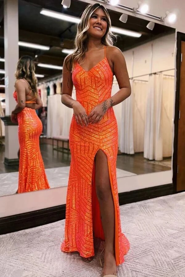Sparkly Sequins Spaghetti Straps Long Prom Dresses With Slit