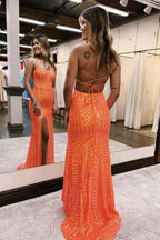 Sparkly Sequins Spaghetti Straps Long Prom Dresses With Slit