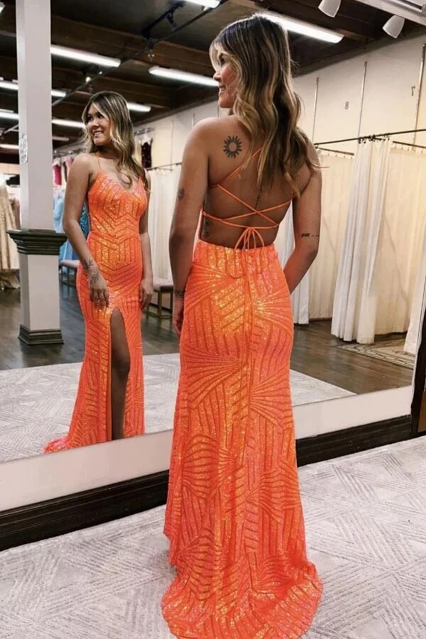 Sparkly Sequins Spaghetti Straps Long Prom Dresses With Slit