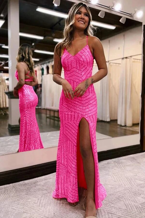 Sparkly Sequins Spaghetti Straps Long Prom Dresses With Slit
