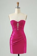 Sparkly Strapless Beaded Appliques Fuchsia Homecoming Dress