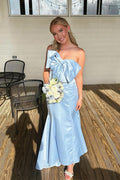 Strapless Bow Mermaid Tea Length Light Blue Bridesmaid Dress