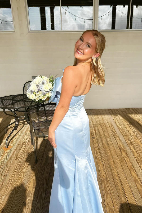 Strapless Bow Mermaid Tea Length Light Blue Bridesmaid Dress