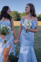 Strapless Bow Mermaid Tea Length Light Blue Bridesmaid Dress