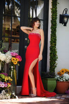 Strapless Crystal Beaded High Slit Satin Mermaid Chapel Train Prom Dresses