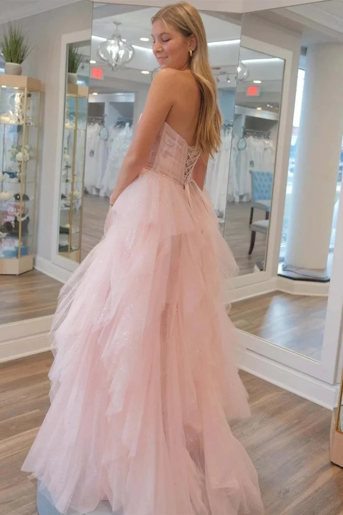 Strapless Light Pink Sequin Beaded Tulle Stunning Prom Dress