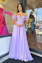 Strapless Lilac Tulle Long Evening Dress A-Line Floor Length Prom Dress