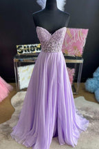 Strapless Lilac Tulle Long Evening Dress A-Line Floor Length Prom Dress