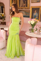 Strapless Ruched Crystal Beaded Tulle Skirt Lime Mermaid Chapel Train Prom Dresses