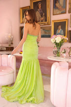 Strapless Ruched Crystal Beaded Tulle Skirt Lime Mermaid Chapel Train Prom Dresses