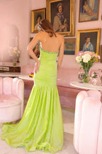 Strapless Ruched Crystal Beaded Tulle Skirt Lime Mermaid Chapel Train Prom Dresses