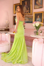 Strapless Ruched Crystal Beaded Tulle Skirt Lime Mermaid Chapel Train Prom Dresses