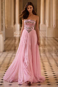 Strapless Sweetheart 3D Floral Appliqué Lace Lined Tulle A Line Chapel Train Prom Dresses